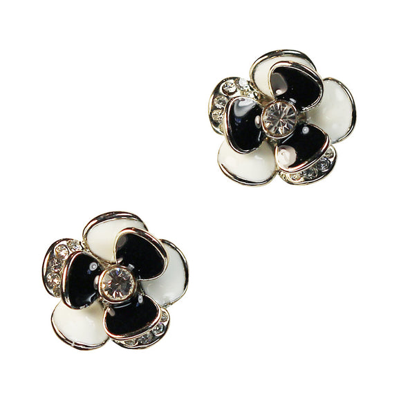 Clip on Earrings in Black and White with Enamel and Crystals